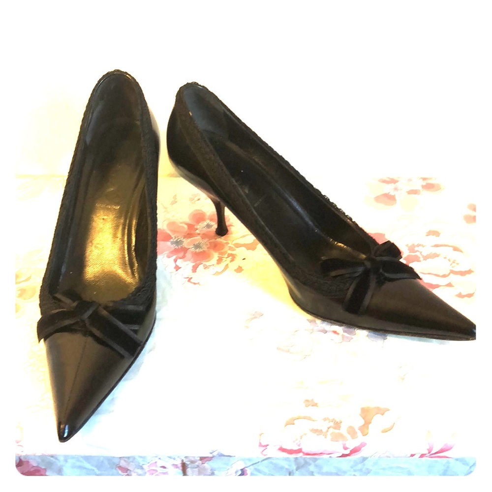 Prada Black Leather Kitten Heel with Bow Sz 37